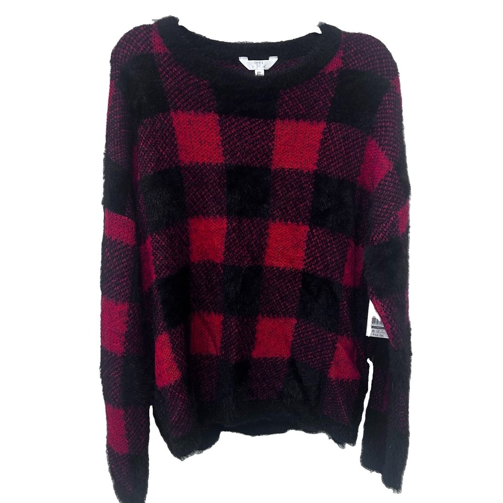 NWT Fuzzy Eyelash Black Red Buffalo Plaid Pullover Sweater XXL Holiday Christmas